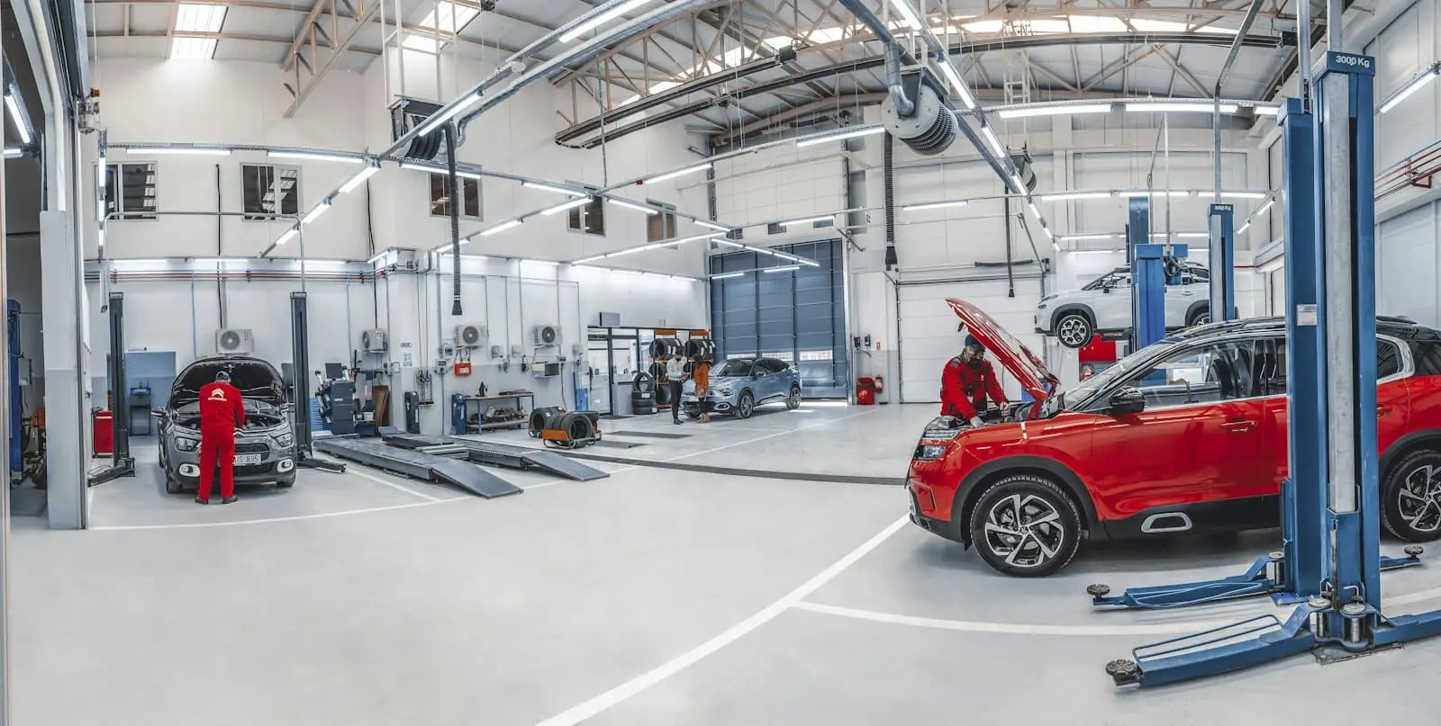A clean automotive workshop with cars on lifts