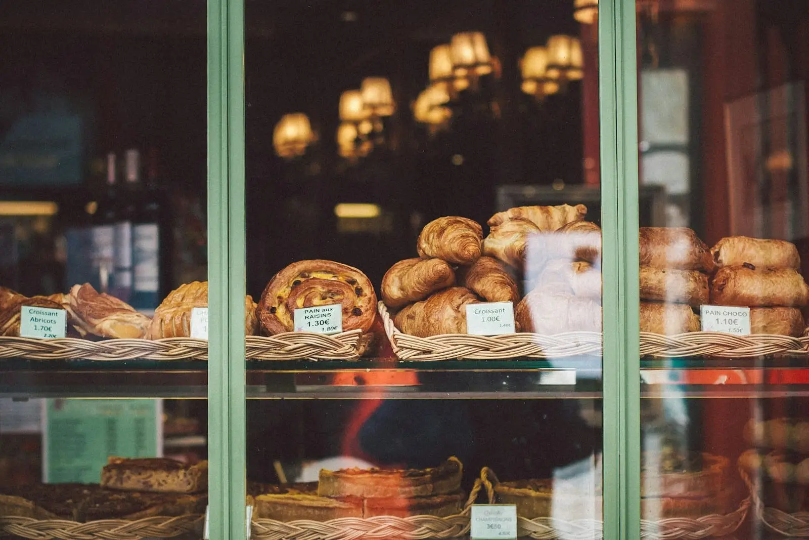 Fresh breads and pastries in a bakery display