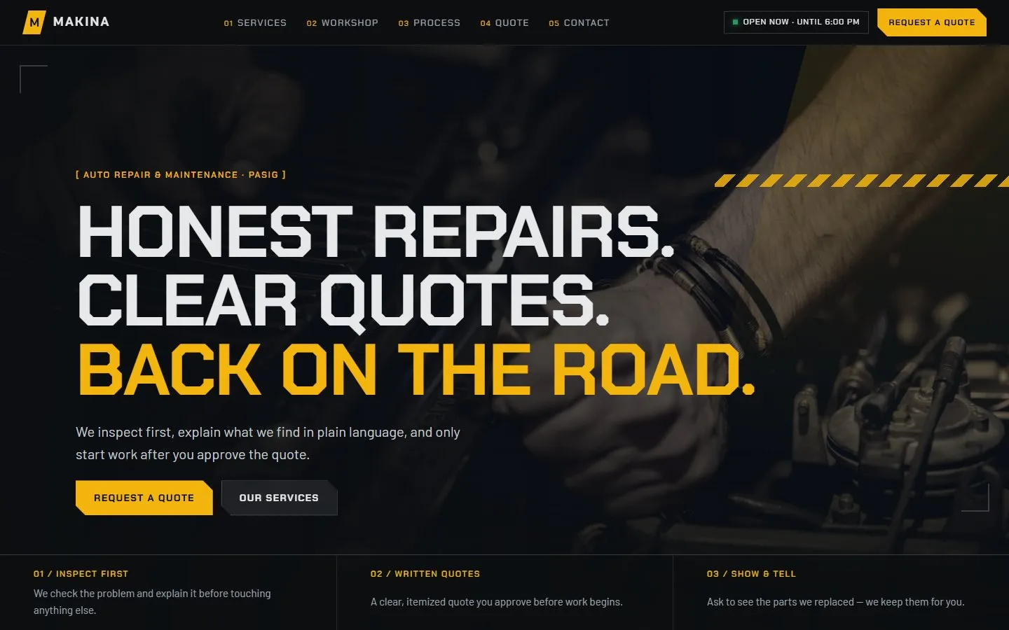 After: the Makina Auto Works demo website designed by SitePorma
